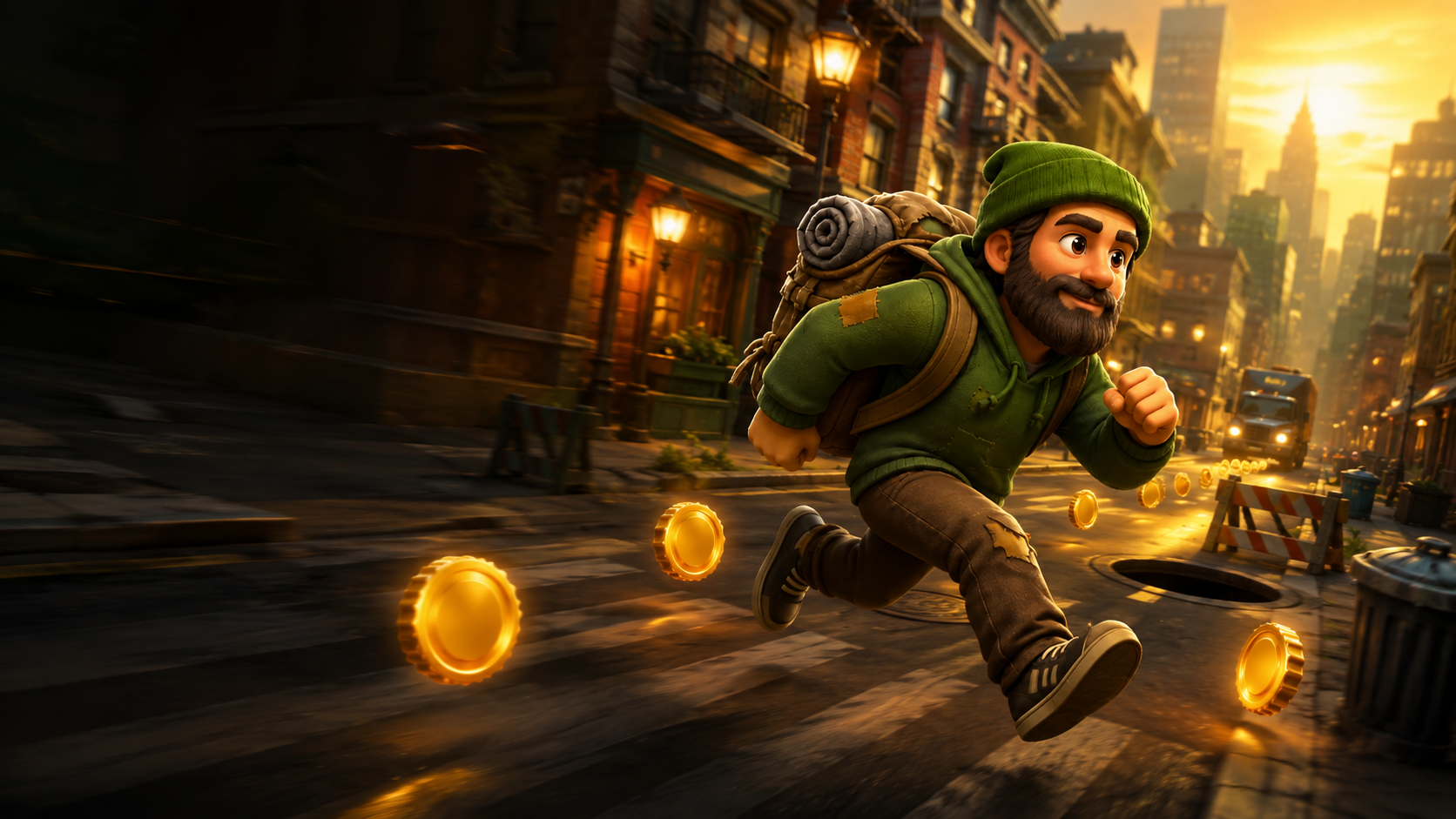Tom running through the city at sunset