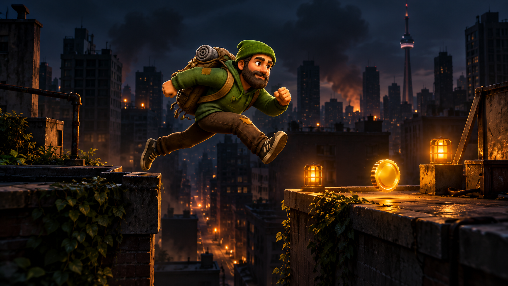 Tom leaps between rooftops during a blackout