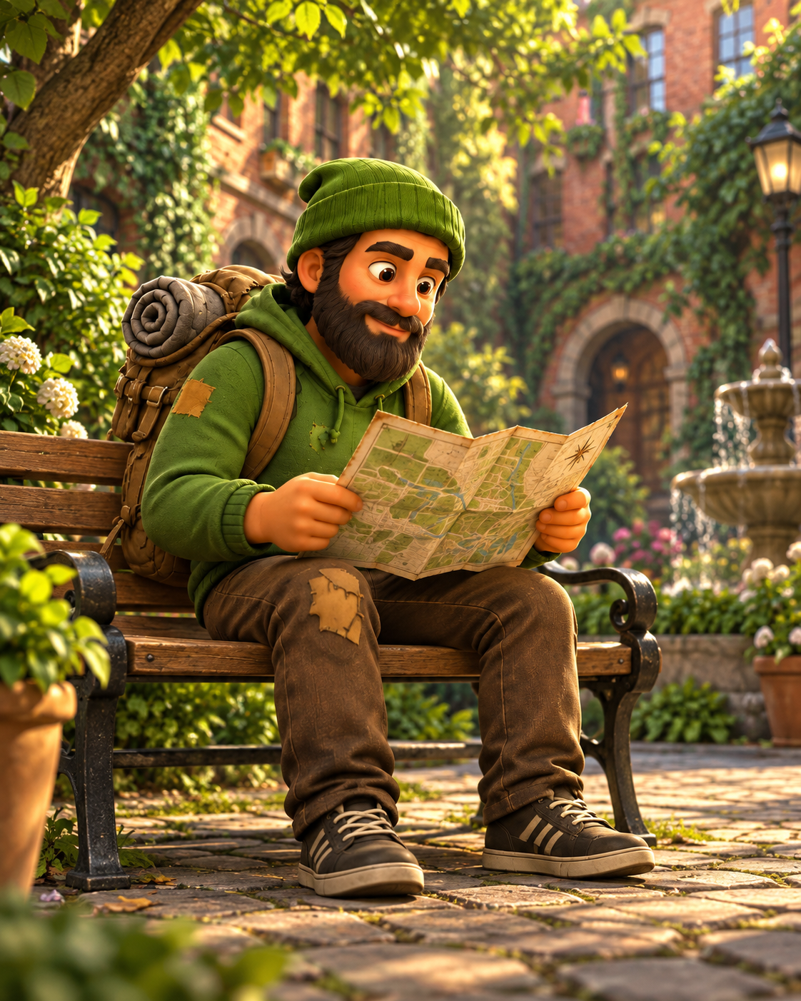 Tom sits in a green courtyard studying a map