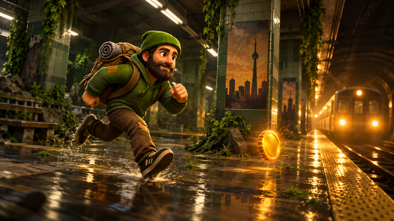 Tom runs through an overgrown subway station
